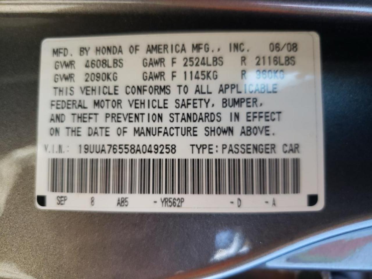 Photo 10 from auction – 2008 ACURA TL TYPE-S with VIN 19UUA76558A049258