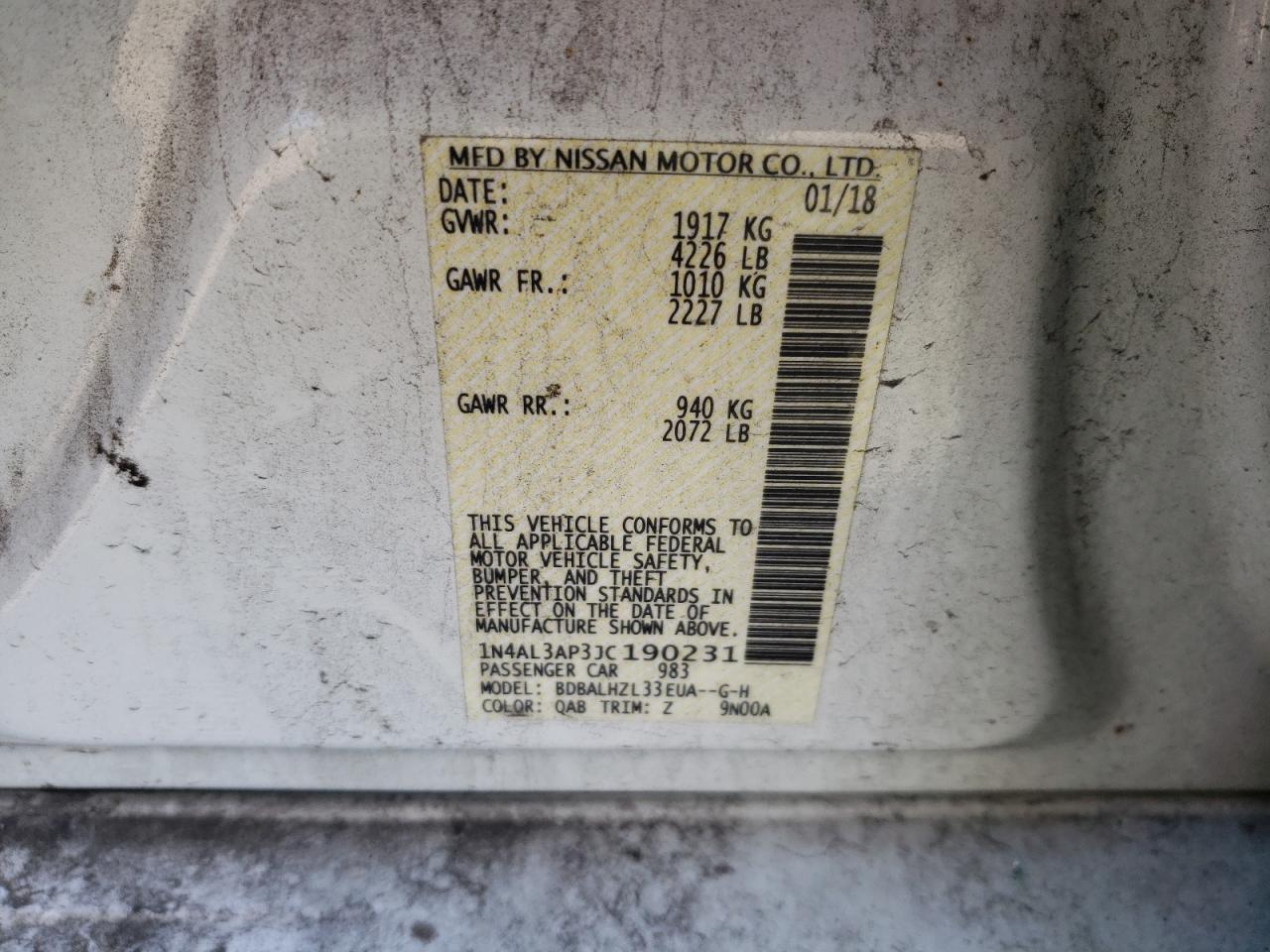 Photo 10 from auction – 2018 NISSAN ALTIMA 2.5 with VIN 1N4AL3AP3JC190231