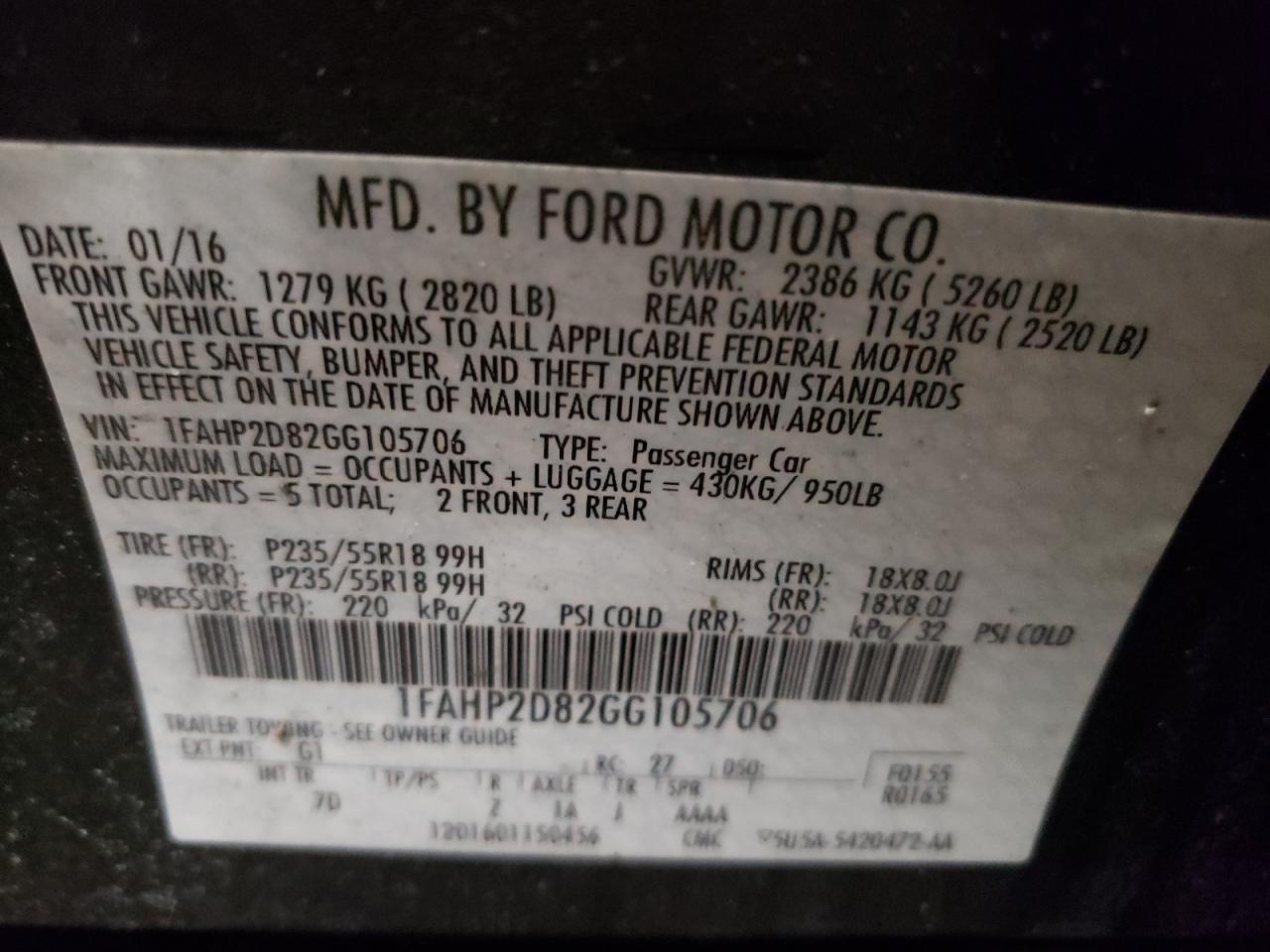 Photo 10 from auction – 2016 FORD TAURUS SE with VIN 1FAHP2D82GG105706