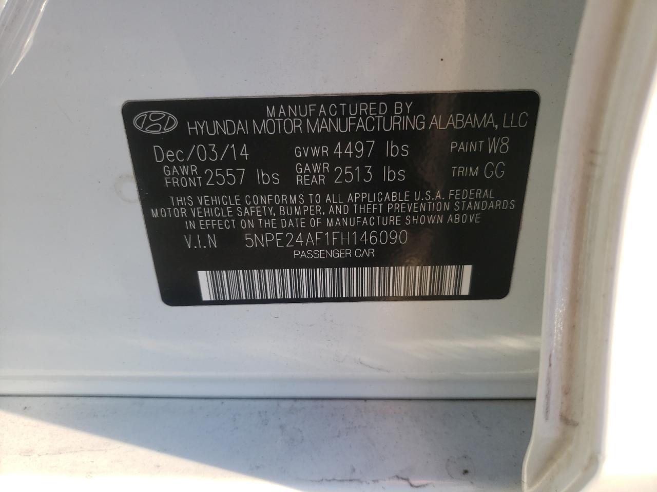Photo 10 from auction – 2015 HYUNDAI SONATA SE with VIN 5NPE24AF1FH146090