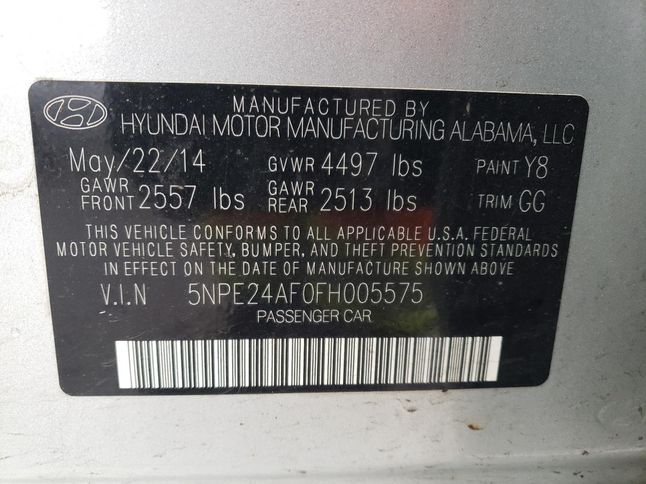 Photo 10 from auction – 2015 HYUNDAI SONATA SE with VIN 5NPE24AF0FH005575