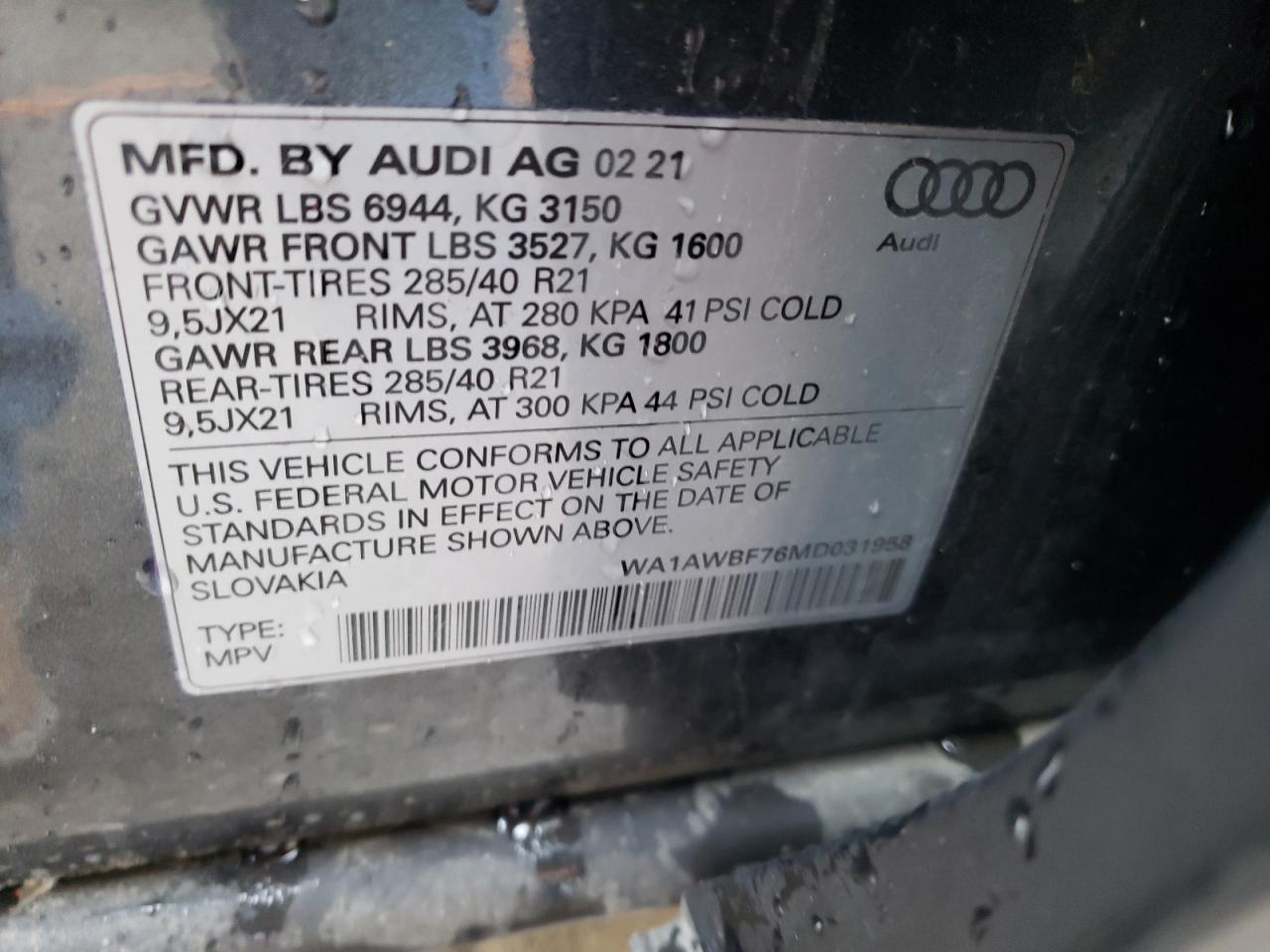 Photo 10 from auction – 2021 AUDI SQ7 PREMIU with VIN WA1AWBF76MD031958
