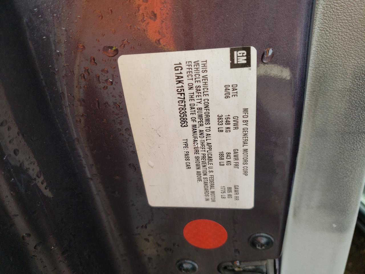 Photo 10 from auction – 2006 CHEVROLET COBALT LS with VIN 1G1AK15F767835863