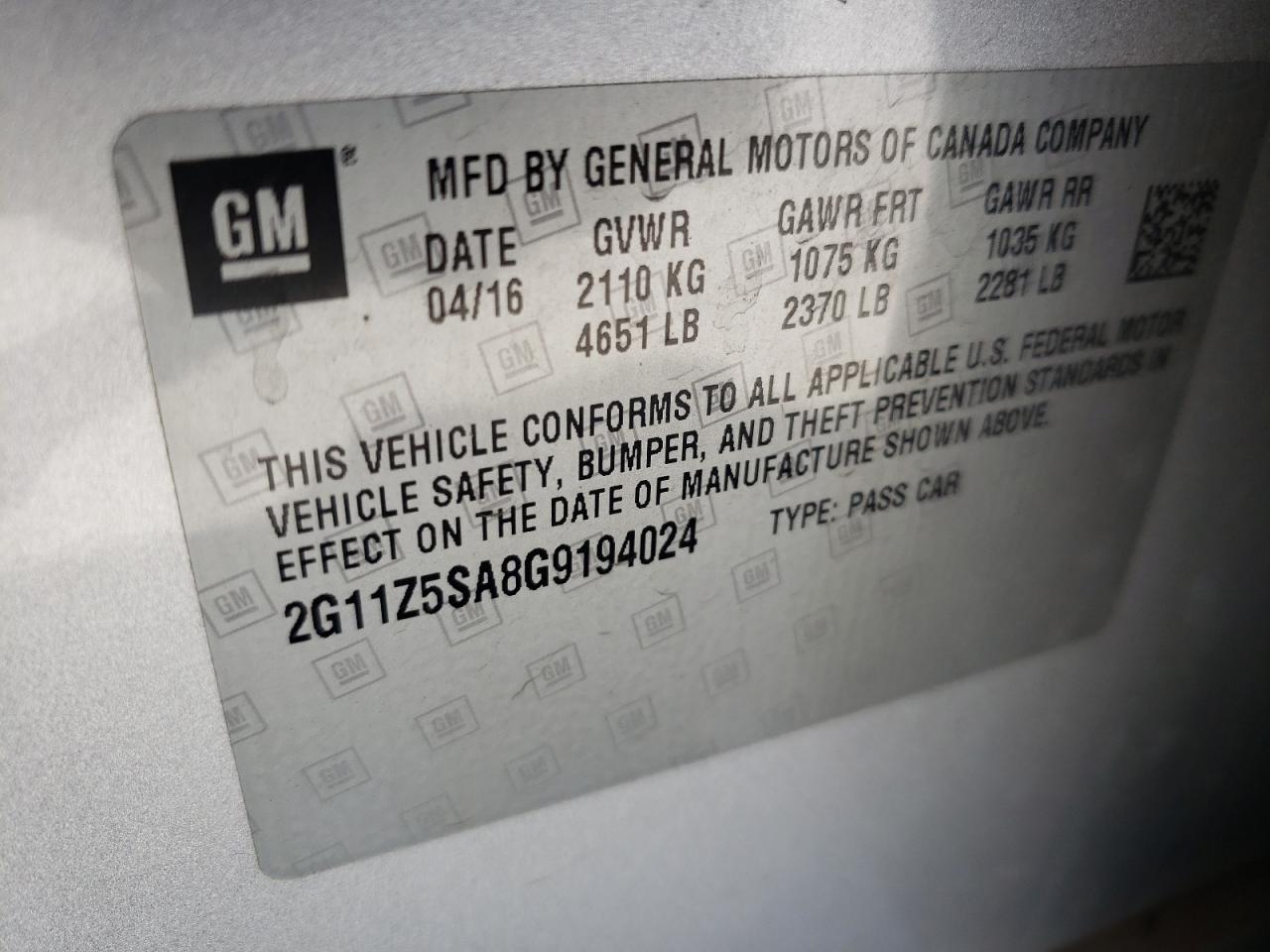 Photo 10 from auction – 2016 CHEVROLET IMPALA LS with VIN 2G11Z5SA8G9194024