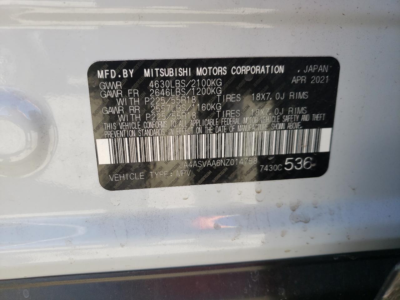 Photo 10 from auction – 2022 MITSUBISHI ECLIPSE CR with VIN JA4ASVAA6NZ014758