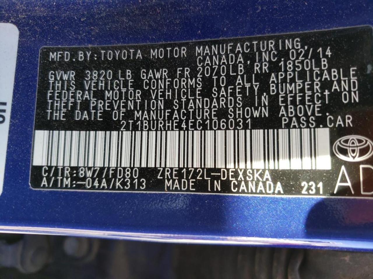 Photo 10 from auction – 2014 TOYOTA COROLLA L with VIN 2T1BURHE4EC106031