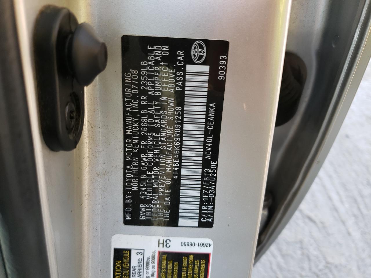 Photo 10 from auction – 2009 TOYOTA CAMRY BASE with VIN 4T4BE46K69R091258