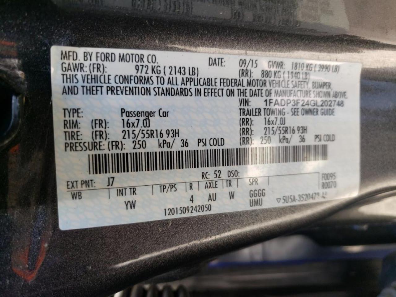 Photo 10 from auction – 2016 FORD FOCUS SE with VIN 1FADP3F24GL202748