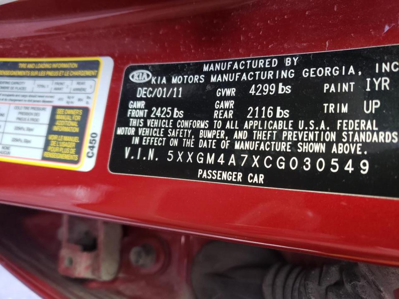 Photo 10 from auction – 2012 KIA OPTIMA LX with VIN 5XXGM4A7XCG030549