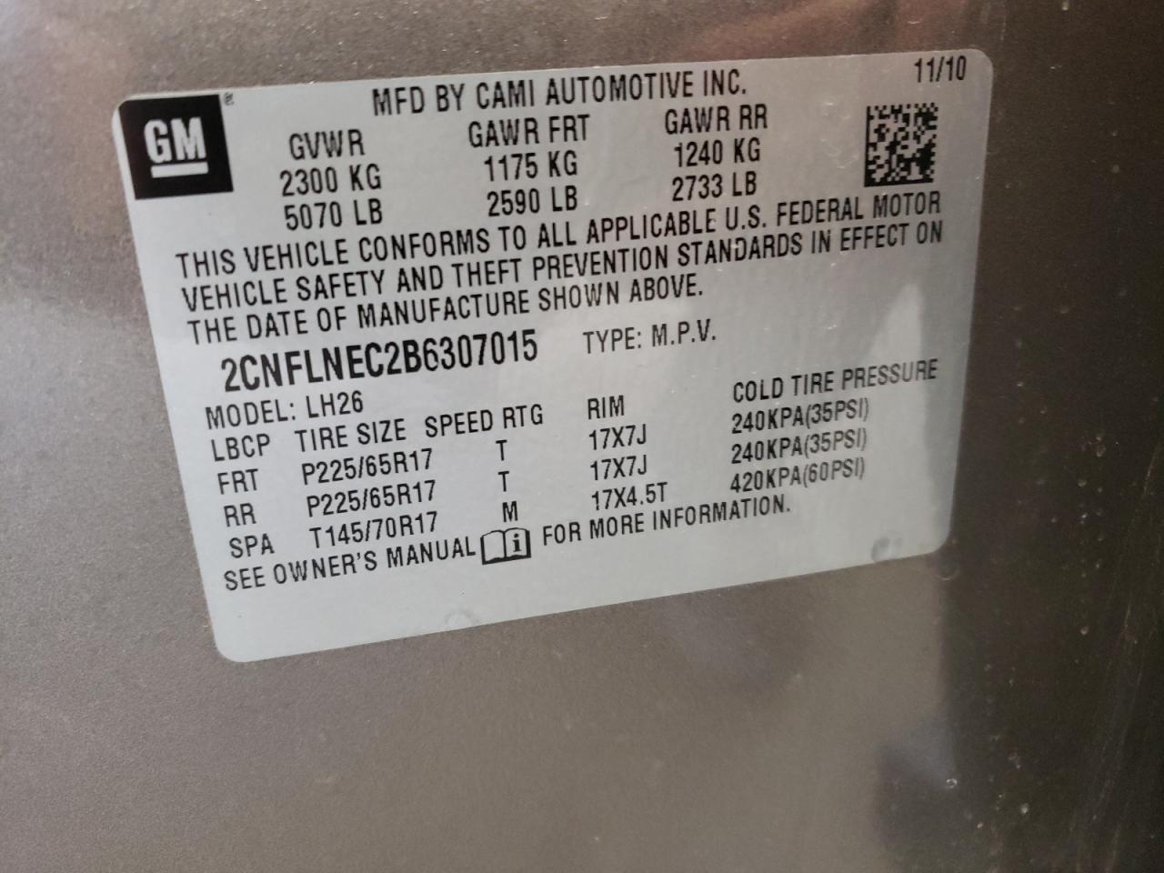Photo 10 from auction – 2011 CHEVROLET EQUINOX LT with VIN 2CNFLNEC2B6307015