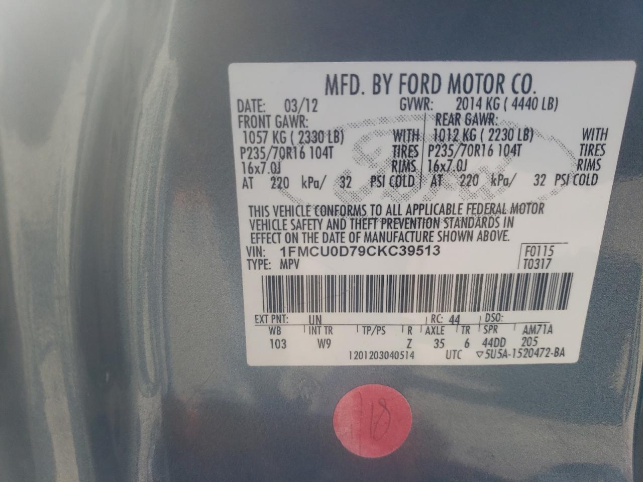 Photo 10 from auction – 2012 FORD ESCAPE XLT with VIN 1FMCU0D79CKC39513