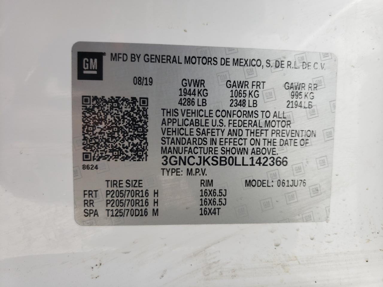 Photo 10 from auction – 2020 CHEVROLET TRAX LS with VIN 3GNCJKSB0LL142366