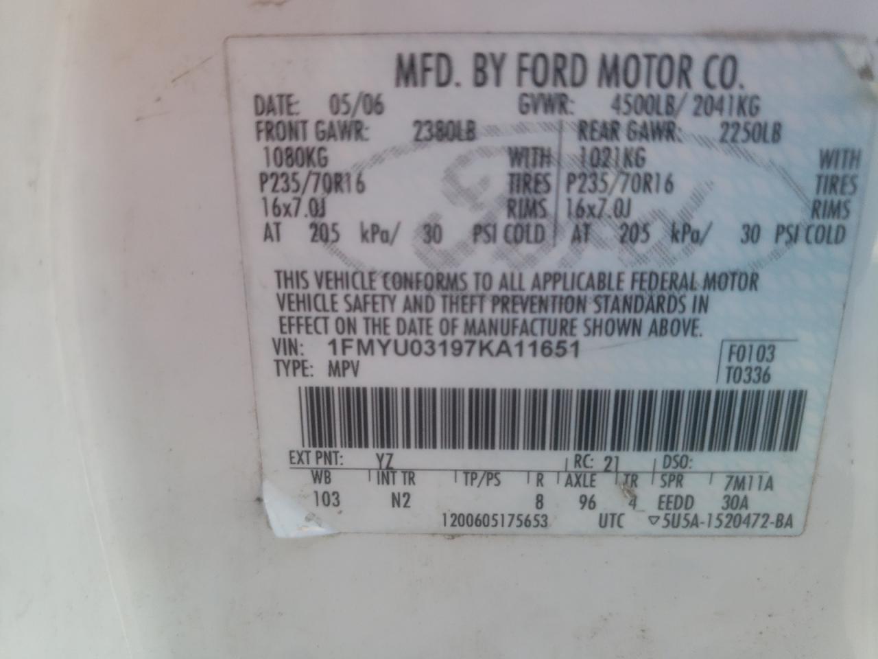 Photo 10 from auction – 2007 FORD ESCAPE XLT with VIN 1FMYU03197KA11651