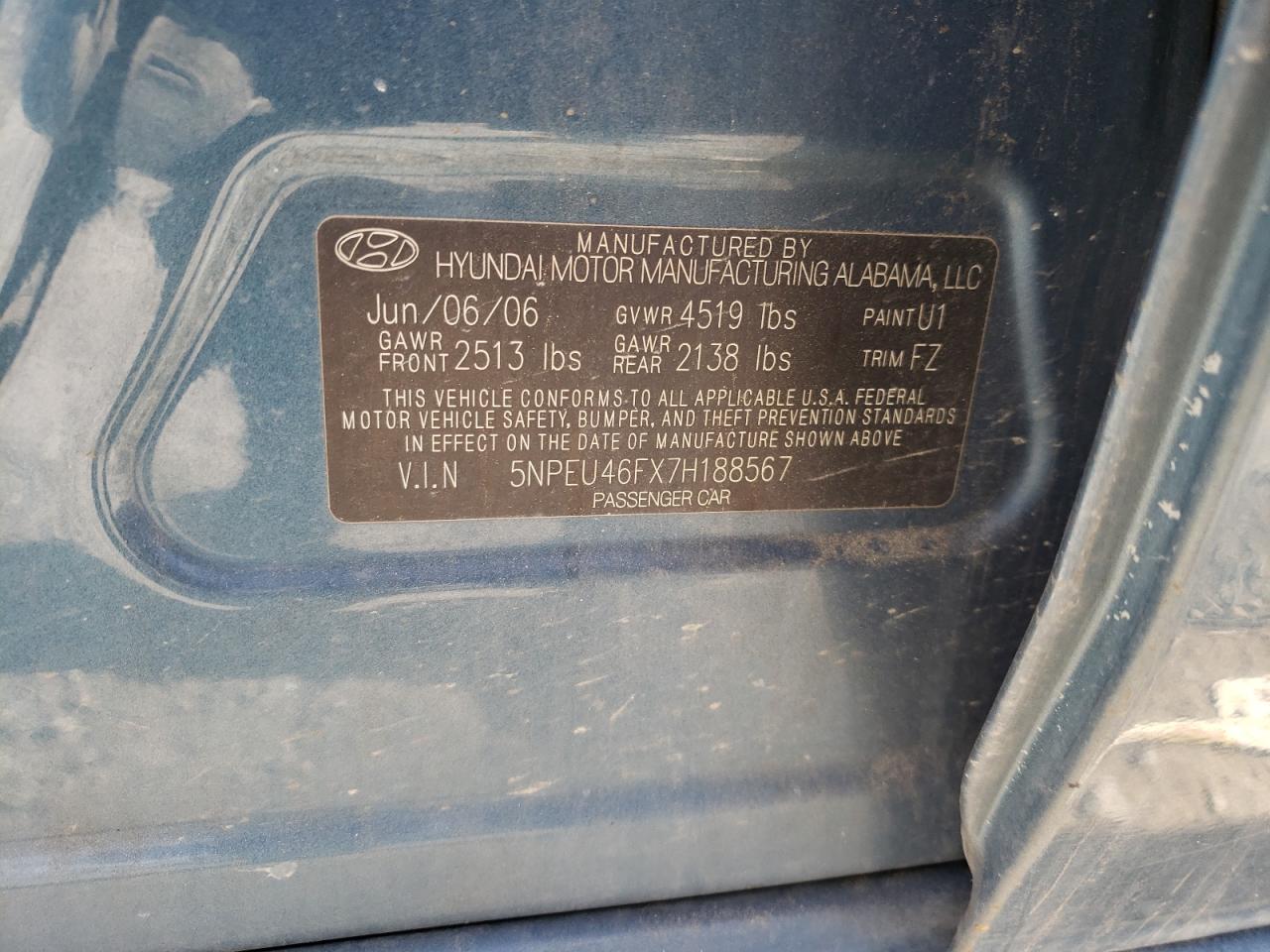 Photo 10 from auction – 2007 HYUNDAI SONATA SE with VIN 5NPEU46FX7H188567