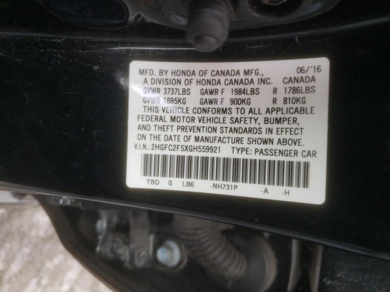 Photo 10 from auction – 2016 HONDA CIVIC LX with VIN 2HGFC2F5XGH559921