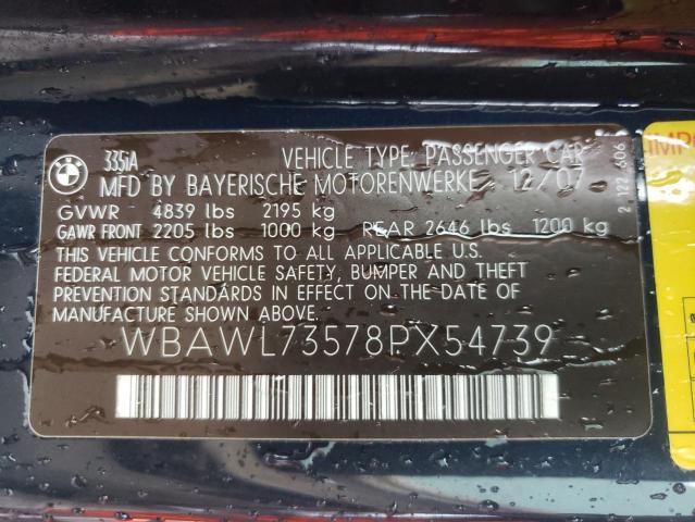 Photo 10 from auction – 2008 BMW 335 I with VIN WBAWL73578PX54739