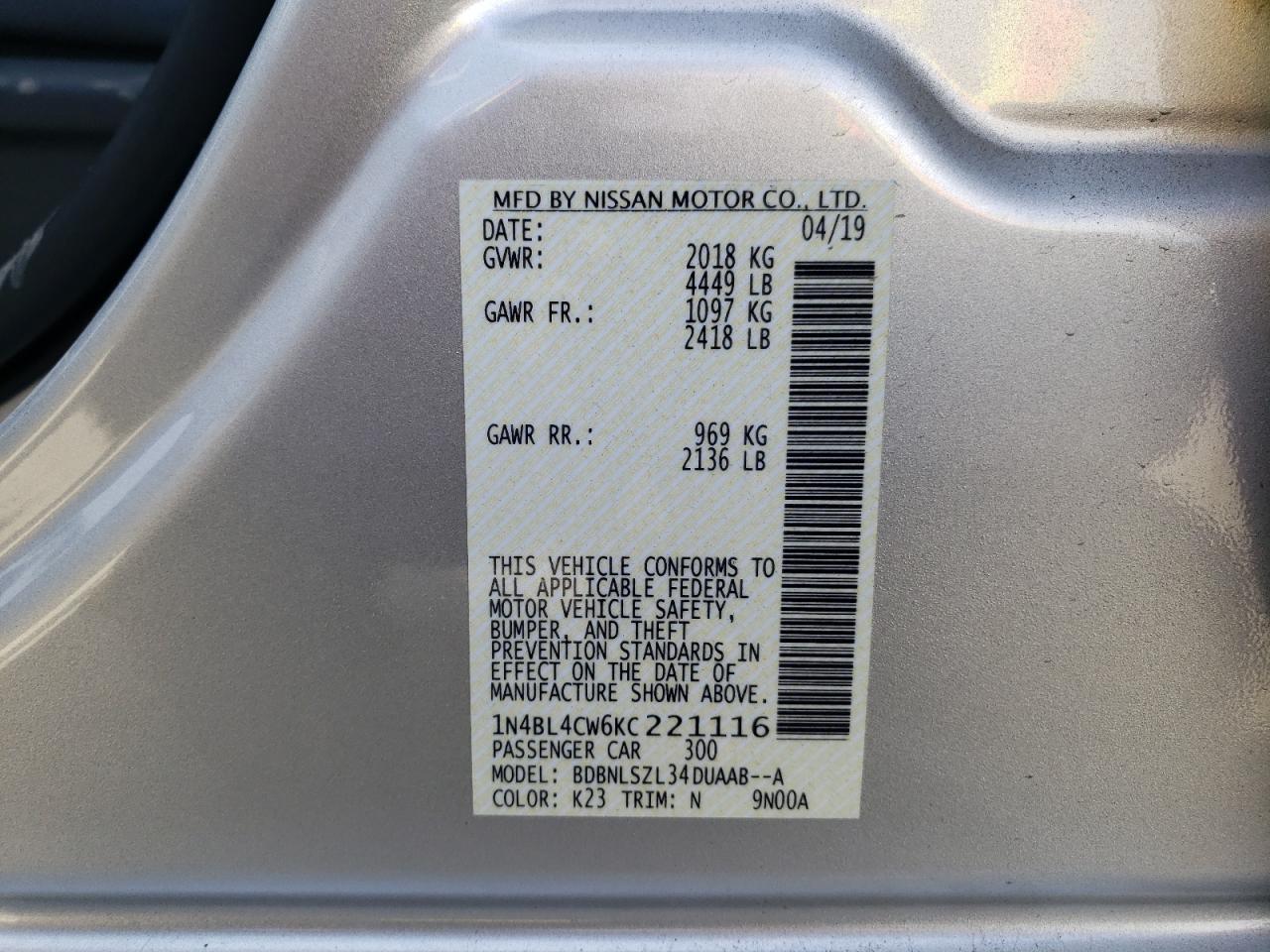 Photo 10 from auction – 2019 NISSAN ALTIMA SR with VIN 1N4BL4CW6KC221116