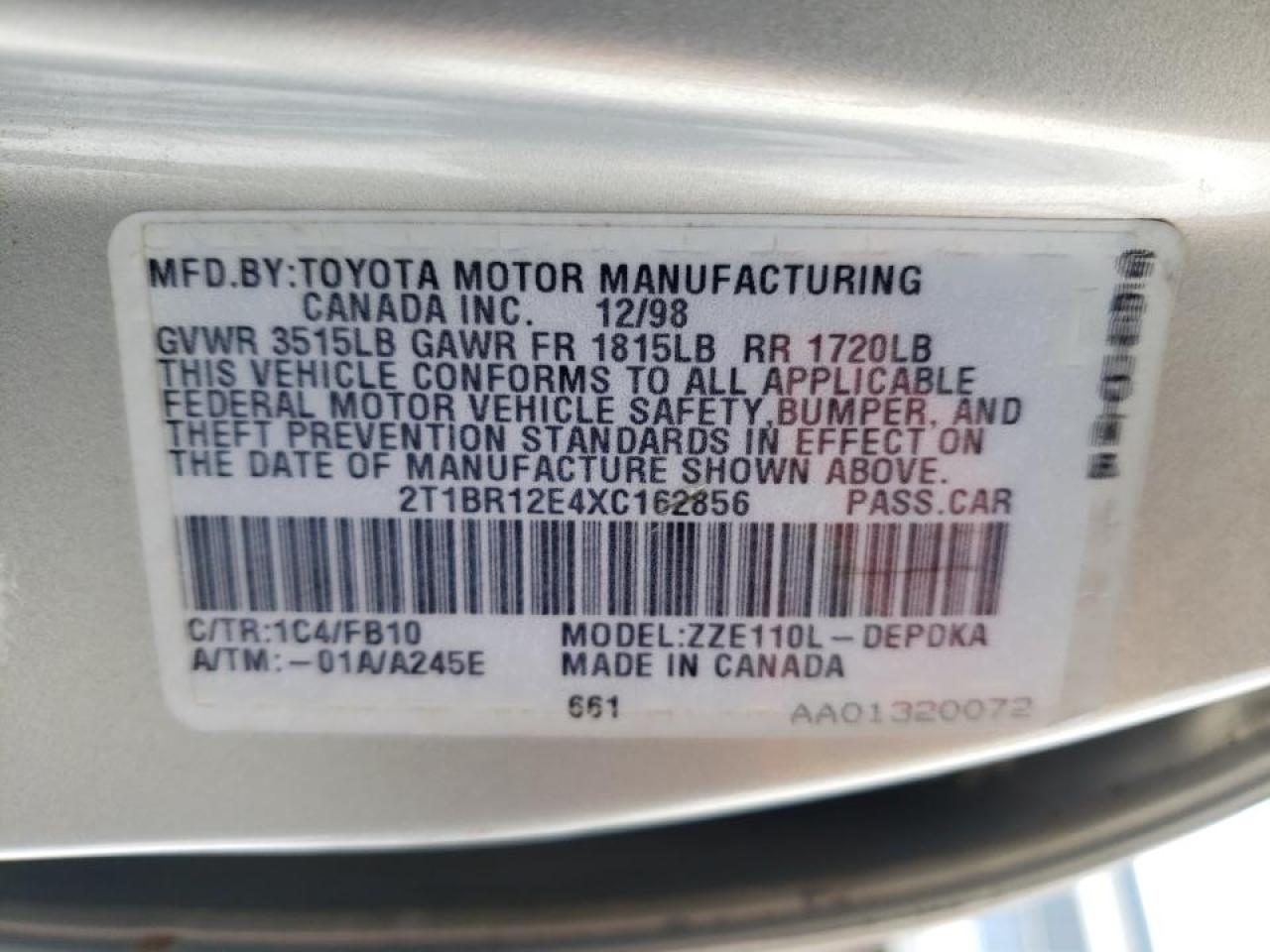 Photo 10 from auction – 1999 TOYOTA COROLLA with VIN 2T1BR12E4XC162856