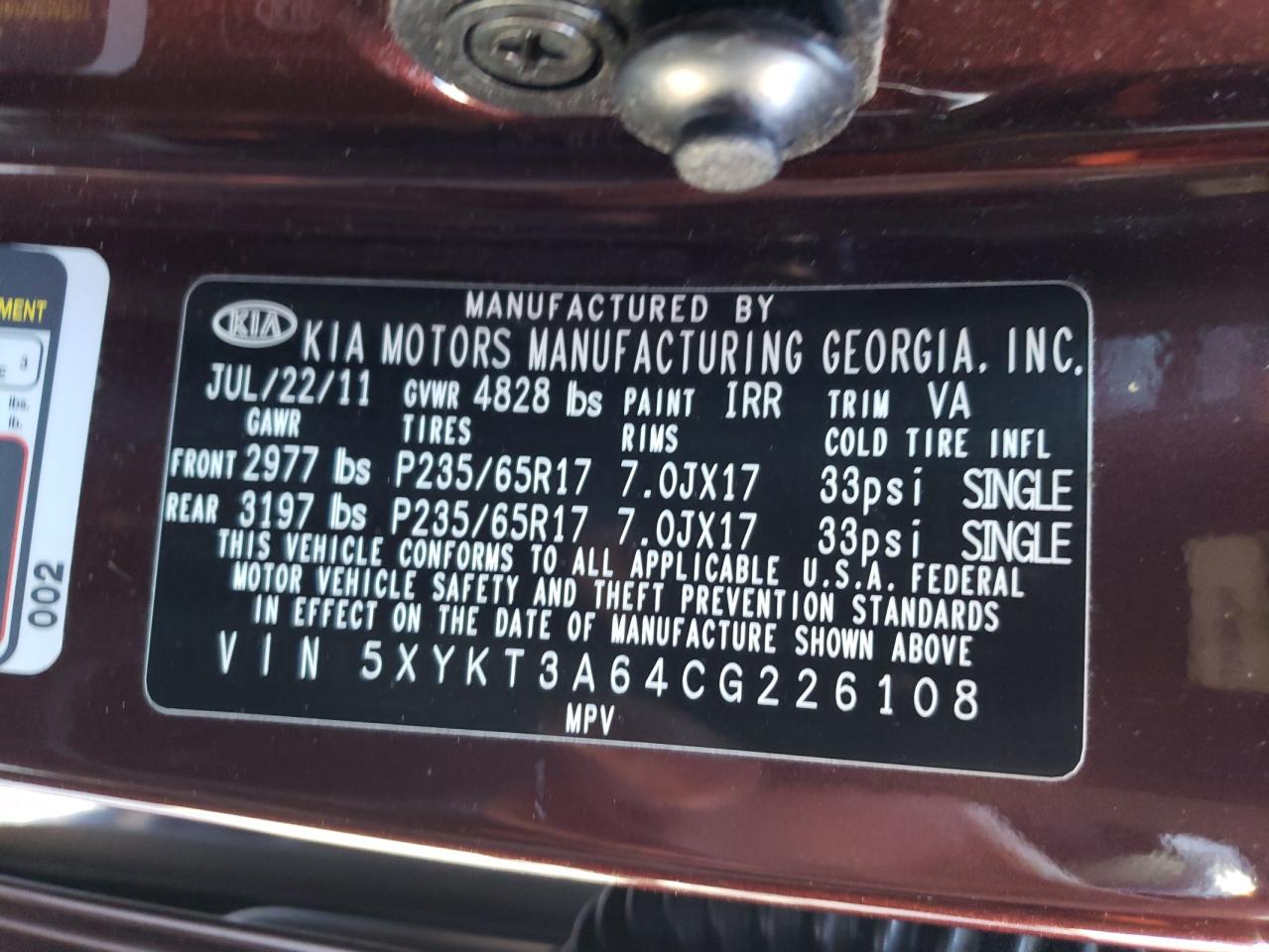 Photo 10 from auction – 2012 KIA SORENTO BA with VIN 5XYKT3A64CG226108