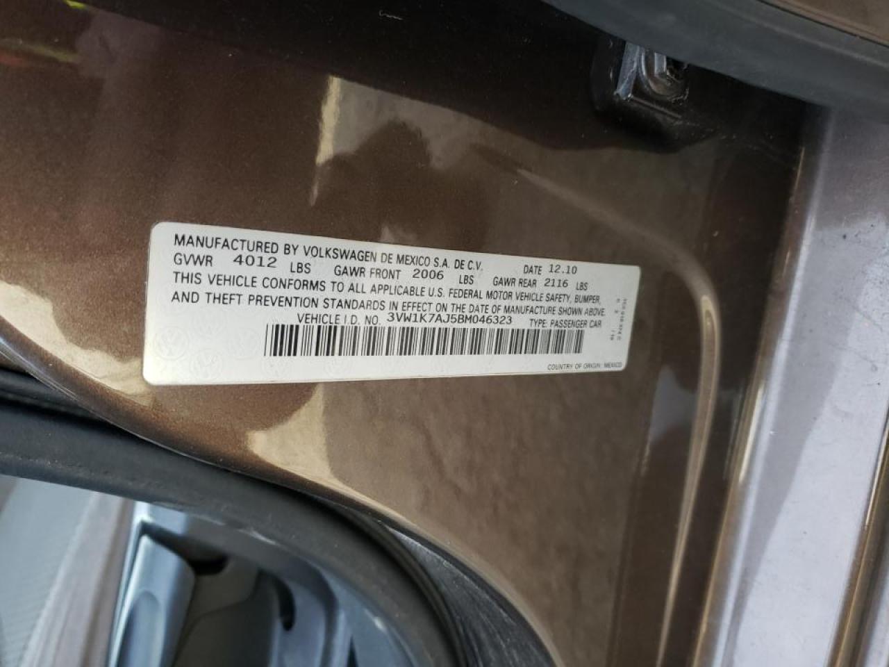 Photo 10 from auction – 2011 VOLKSWAGEN JETTA BASE with VIN 3VW1K7AJ5BM046323