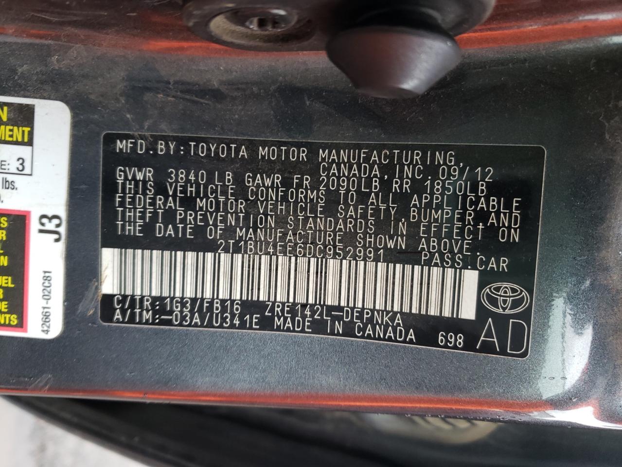 Photo 10 from auction – 2013 TOYOTA COROLLA BA with VIN 2T1BU4EE6DC952991