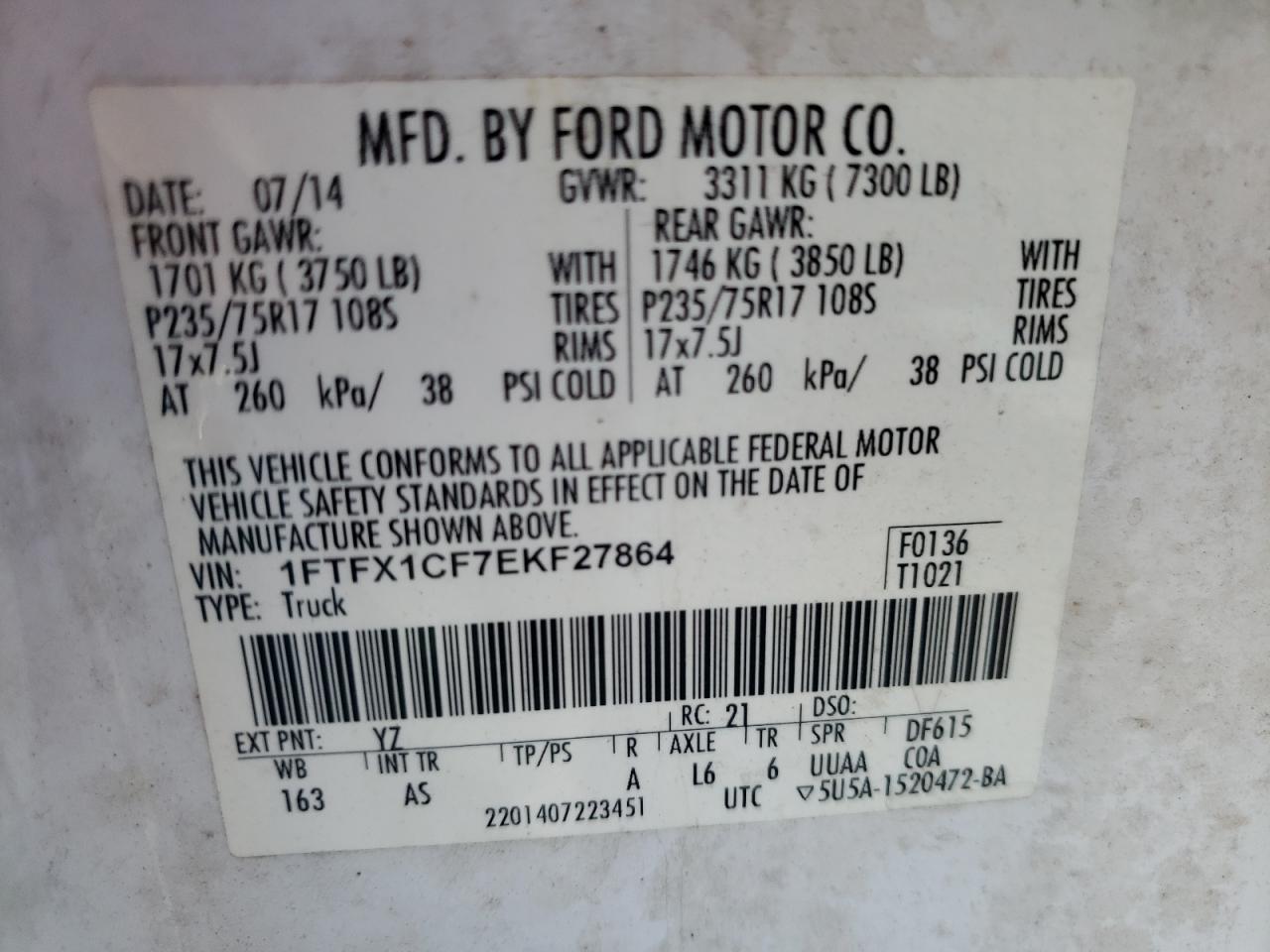 Photo 10 from auction – 2014 FORD F150 SUPER with VIN 1FTFX1CF7EKF27864