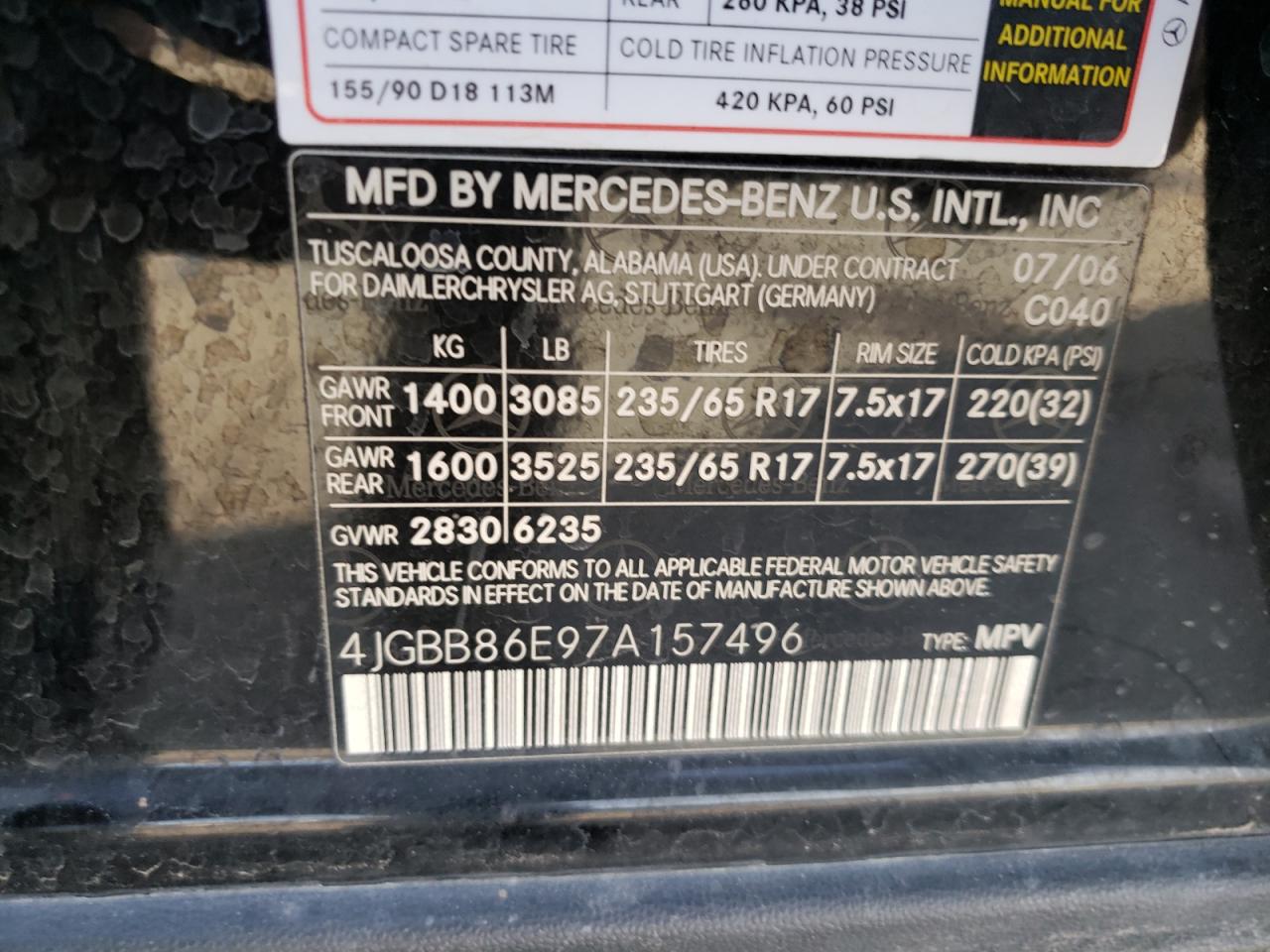 Photo 10 from auction – 2007 MERCEDES-BENZ ML 350 with VIN 4JGBB86E97A157496