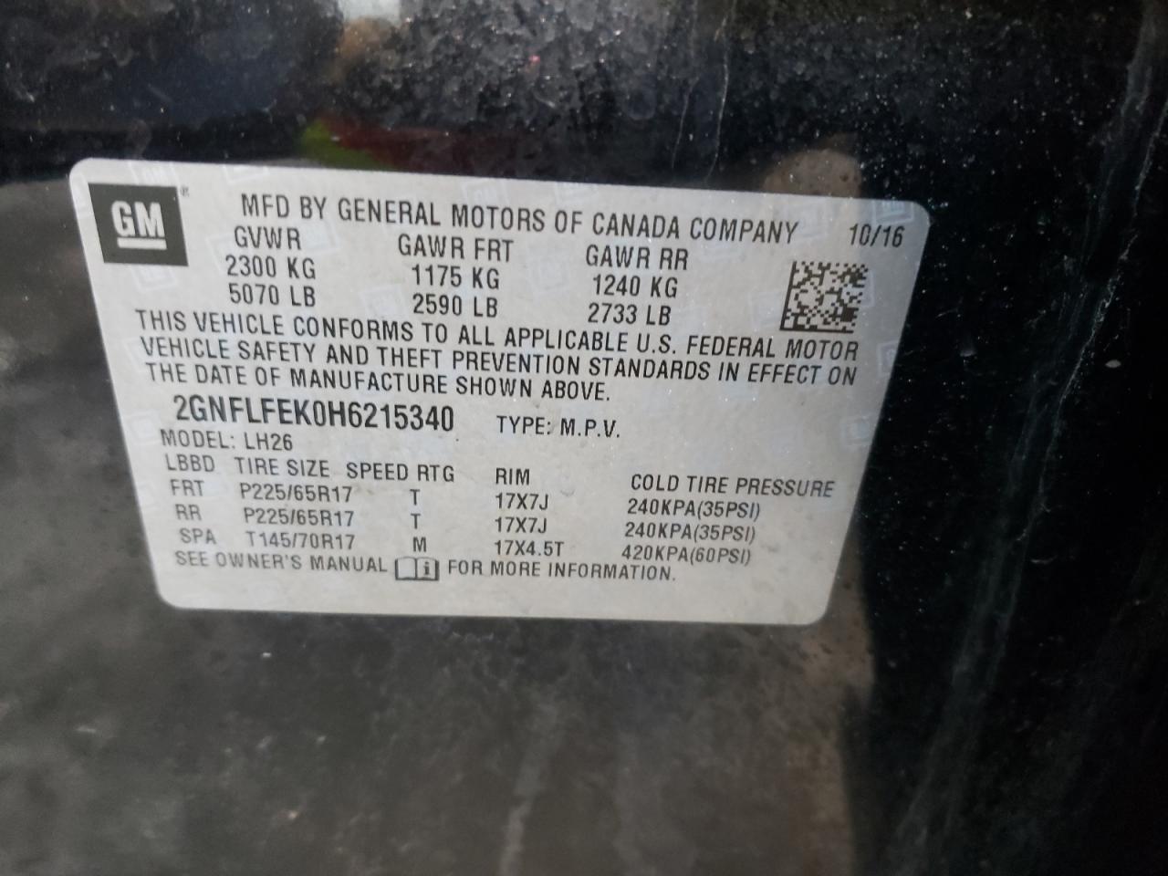 Photo 10 from auction – 2017 CHEVROLET EQUINOX LT with VIN 2GNFLFEK0H6215340