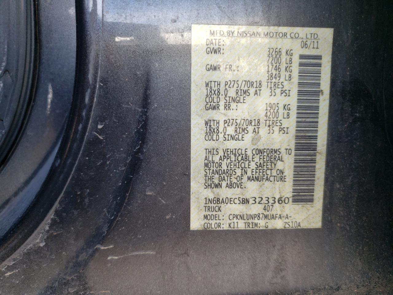 Photo 10 from auction – 2011 NISSAN TITAN S with VIN 1N6BA0EC5BN323360