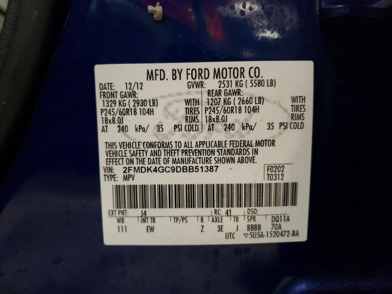 Photo 10 from auction – 2013 FORD EDGE SE with VIN 2FMDK4GC9DBB51387