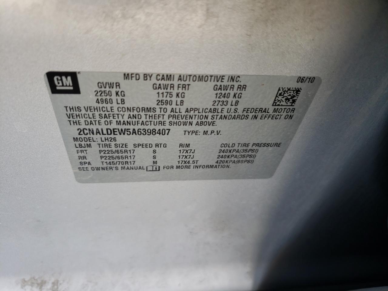 Photo 10 from auction – 2010 CHEVROLET EQUINOX LT with VIN 2CNALDEW5A6398407
