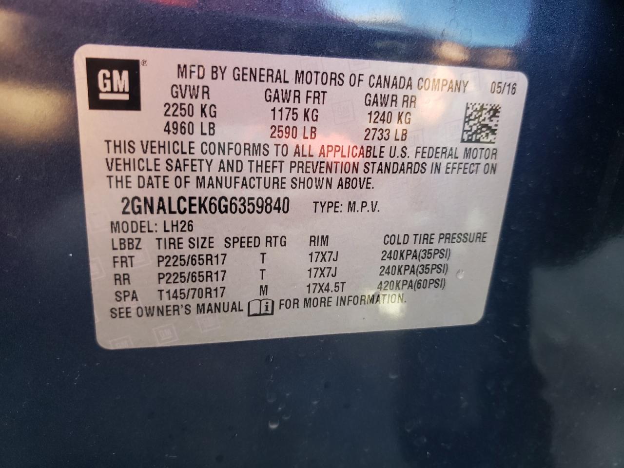 Photo 10 from auction – 2016 CHEVROLET EQUINOX LT with VIN 2GNALCEK6G6359840