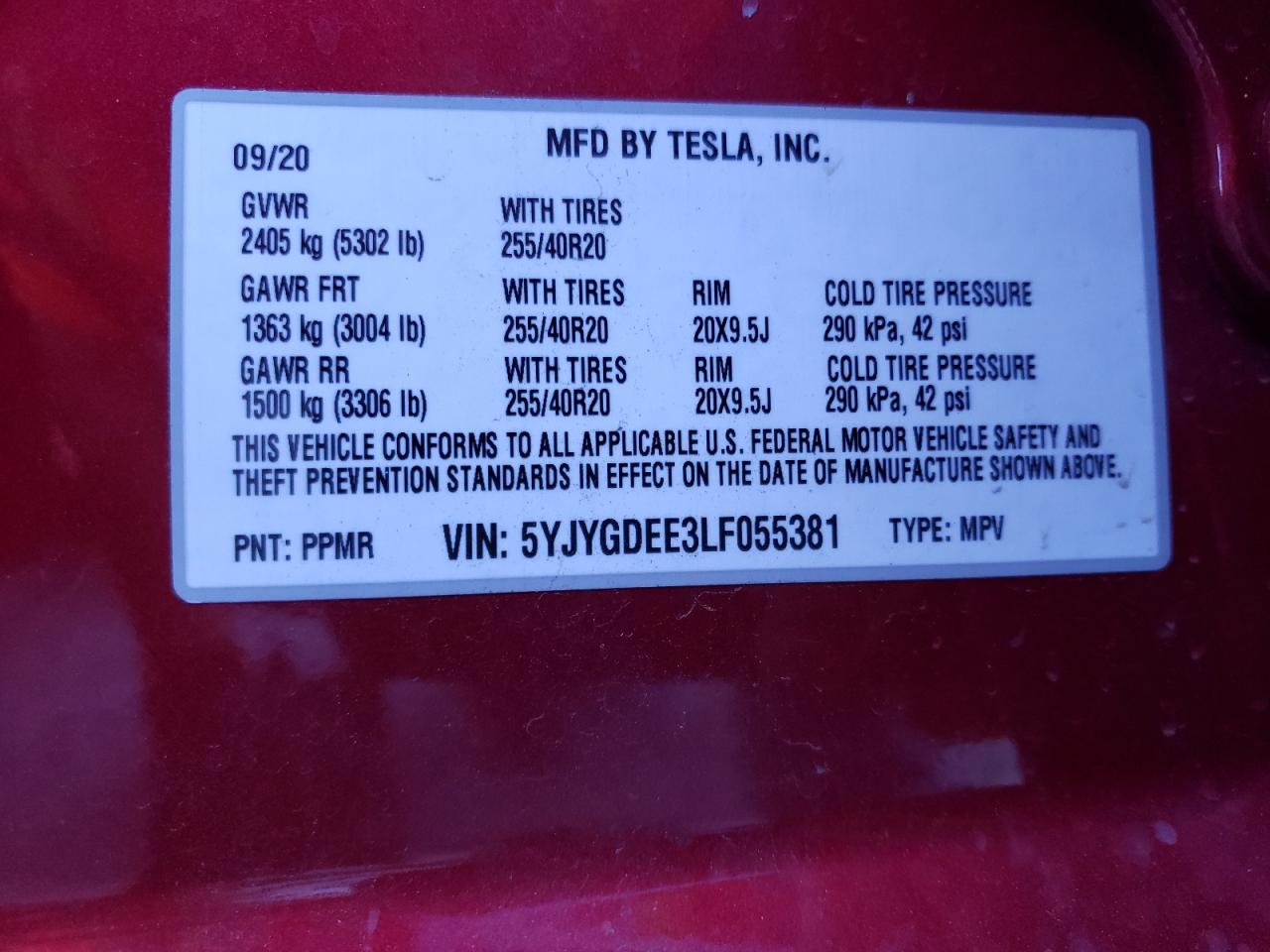 Photo 10 from auction – 2020 TESLA MODEL Y with VIN 5YJYGDEE3LF055381