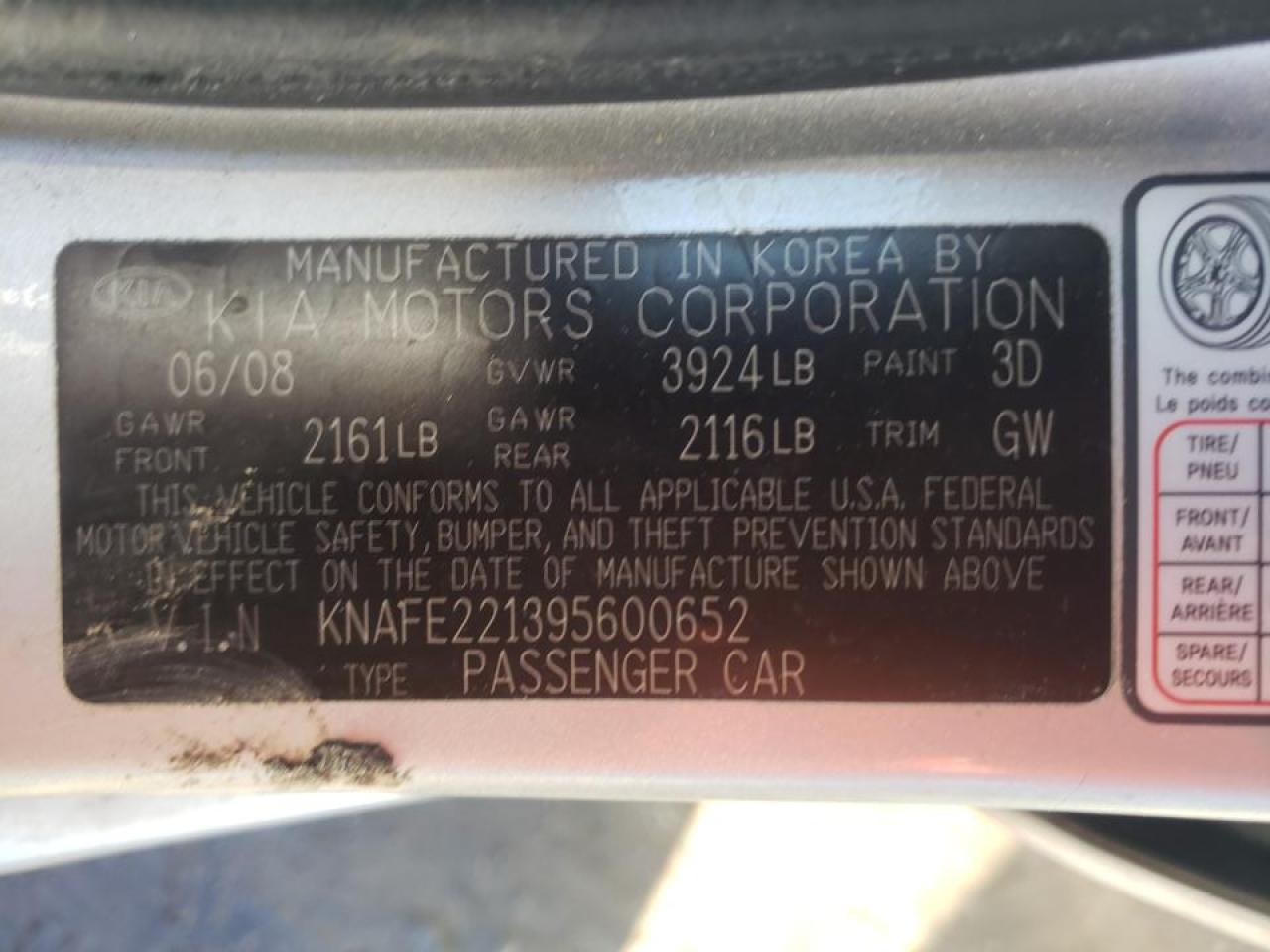 Photo 10 from auction – 2009 KIA SPECTRA EX with VIN KNAFE221395600652