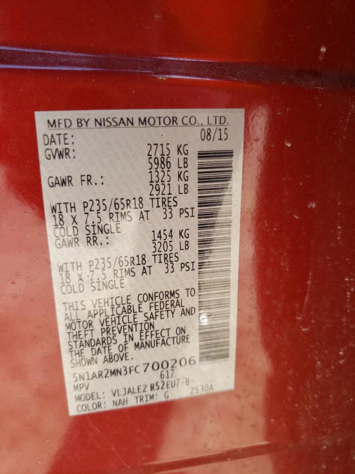 Photo 10 from auction – 2015 NISSAN PATHFINDER with VIN 5N1AR2MN3FC700206