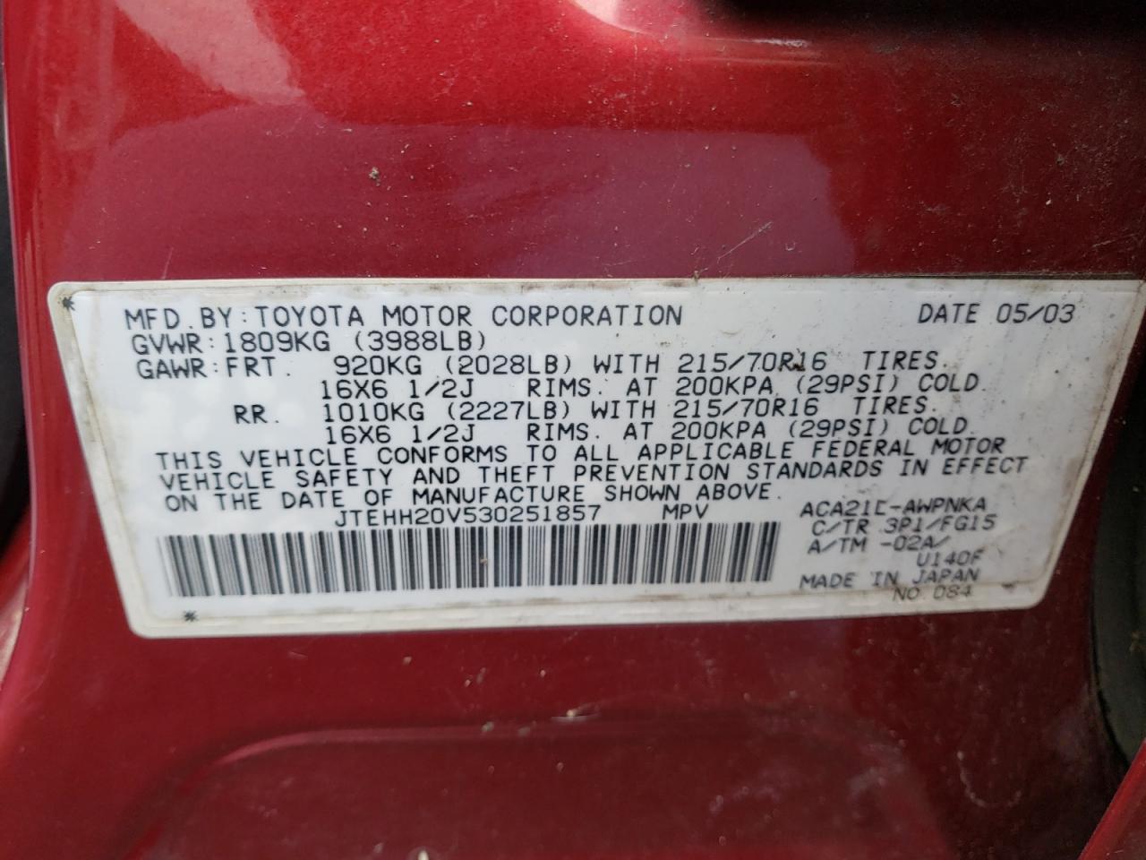 Photo 10 from auction – 2003 TOYOTA RAV4 with VIN JTEHH20V530251857