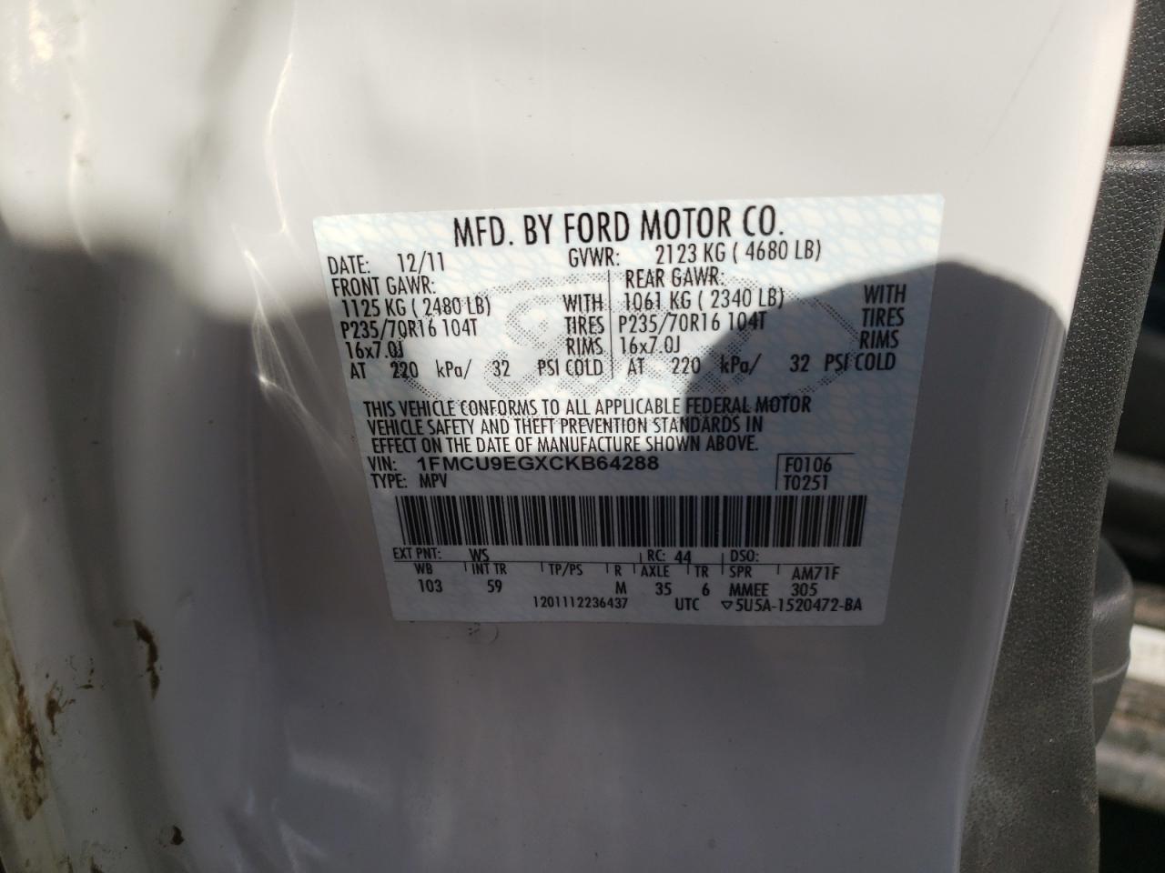 Photo 10 from auction – 2012 FORD ESCAPE LIM with VIN 1FMCU9EGXCKB64288