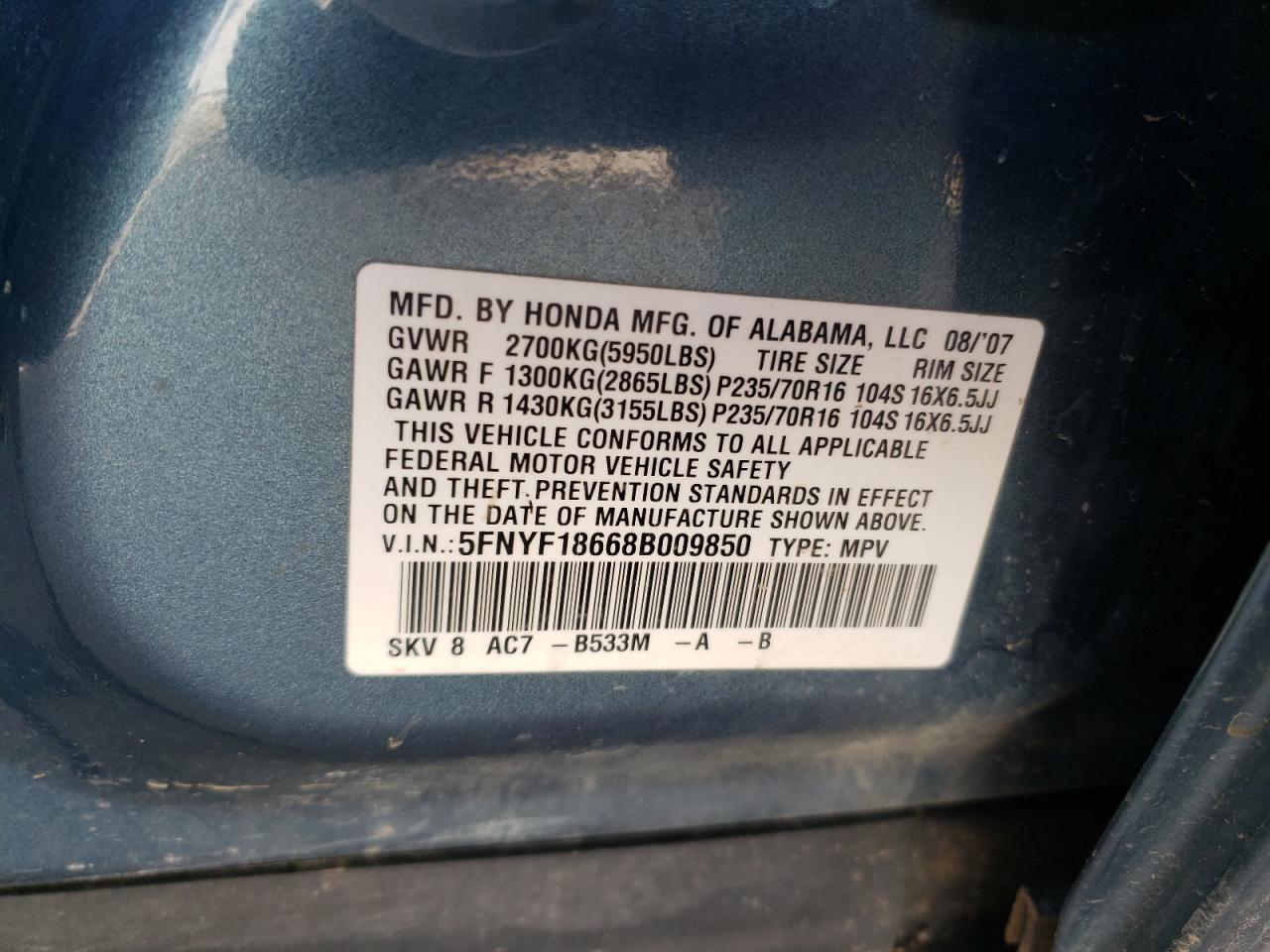 Photo 10 from auction – 2008 HONDA PILOT EXL with VIN 5FNYF18668B009850