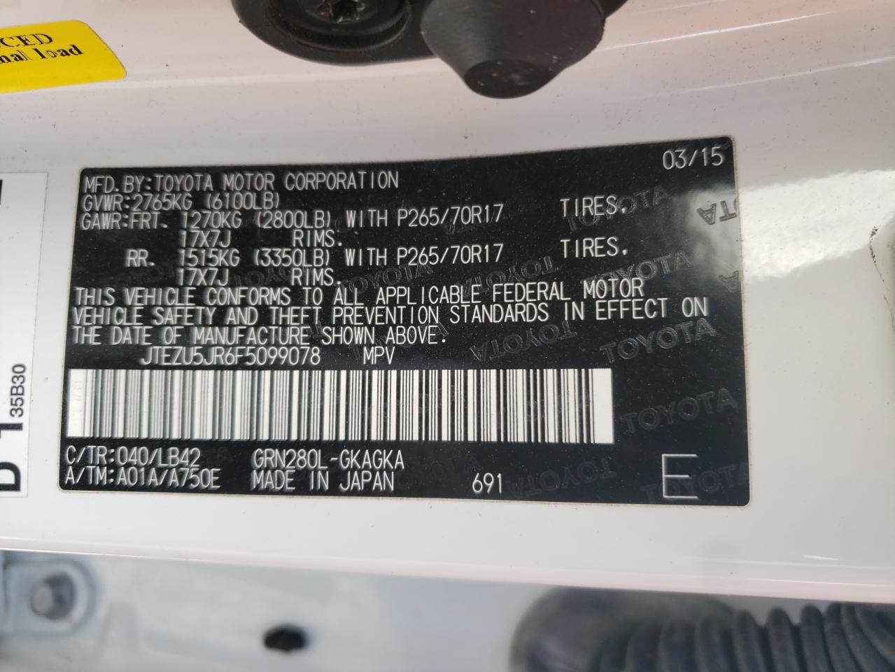 Photo 10 from auction – 2015 TOYOTA 4RUNNER SR with VIN JTEZU5JR6F5099078