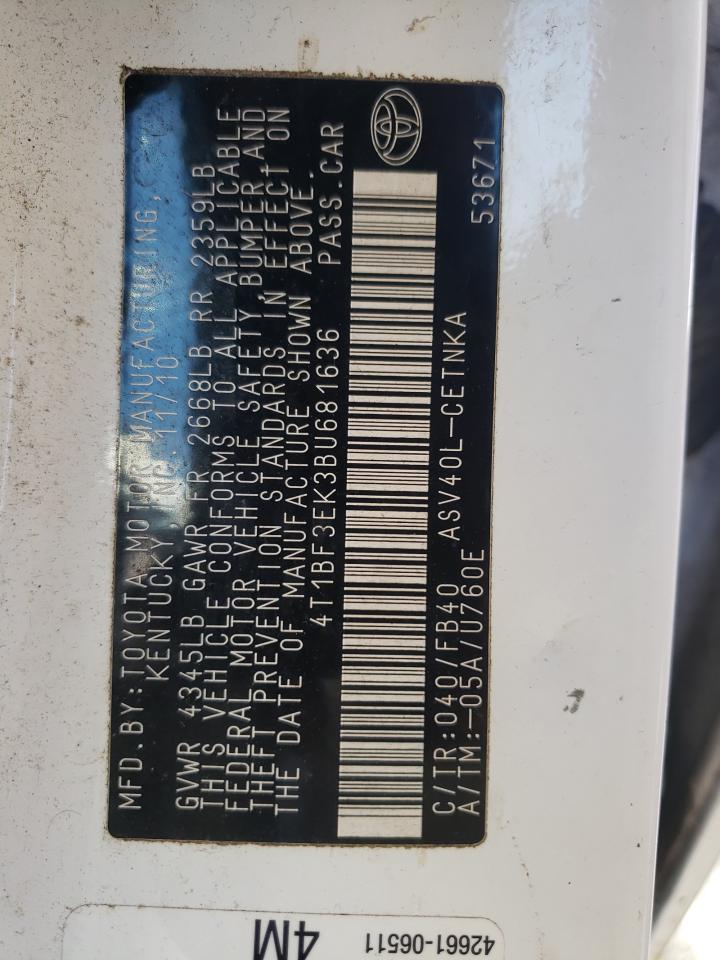 Photo 10 from auction – 2011 TOYOTA CAMRY BASE with VIN 4T1BF3EK3BU681636
