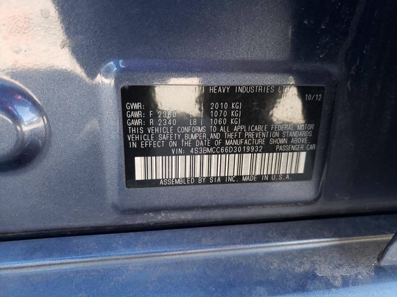 Photo 10 from auction – 2013 SUBARU LEGACY 2.5 with VIN 4S3BMCC66D3019932