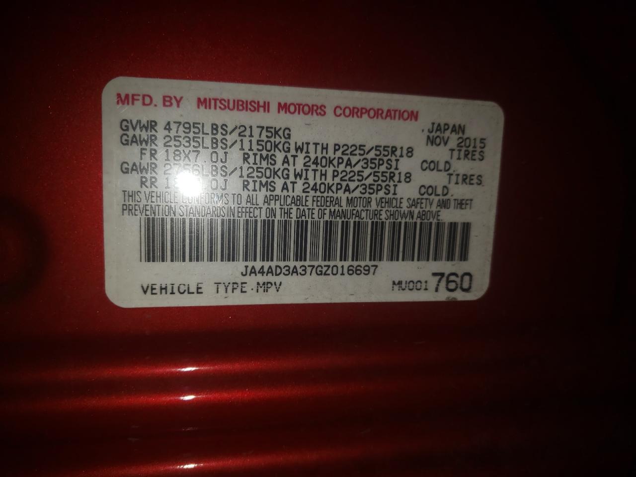 Photo 10 from auction – 2016 MITSUBISHI OUTLANDER with VIN JA4AD3A37GZ016697