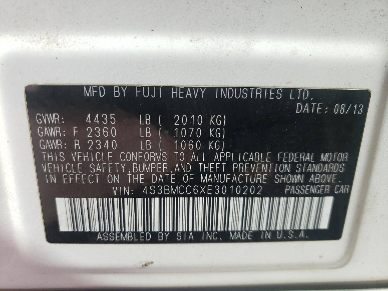 Foto 10 de la subasta – 2014 SUBARU LEGACY 2.5 con VIN 4S3BMCC6XE3010202