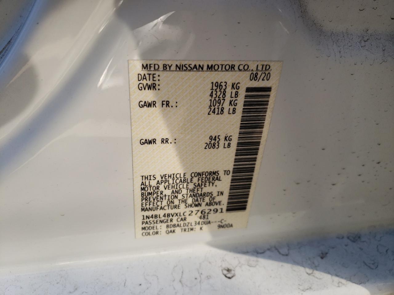 Photo 10 from auction – 2020 NISSAN ALTIMA S with VIN 1N4BL4BVXLC276291
