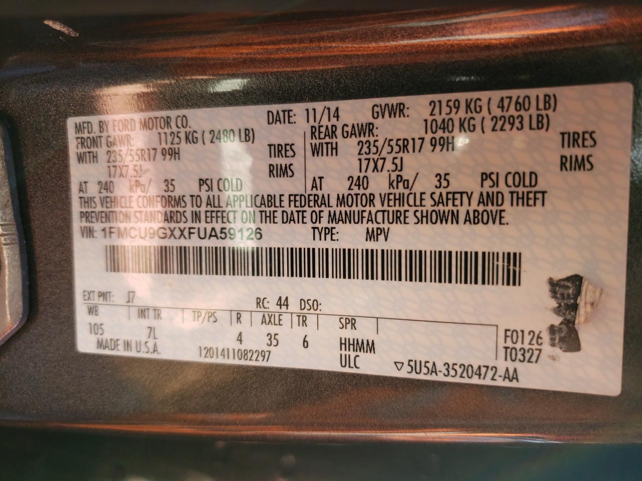 Photo 10 from auction – 2015 FORD ESCAPE SE with VIN 1FMCU9GXXFUA59126