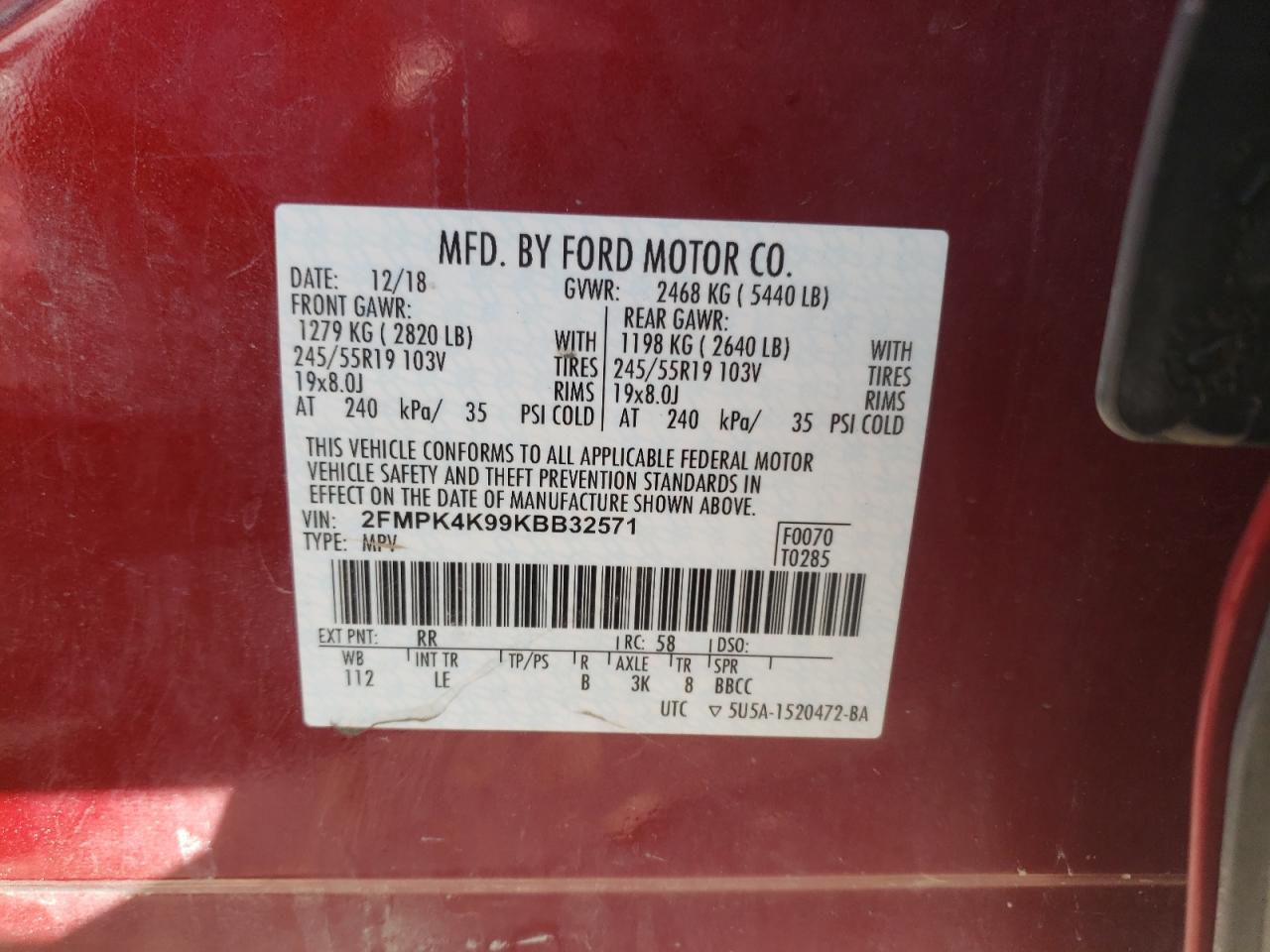 Photo 10 from auction – 2019 FORD EDGE TITAN with VIN 2FMPK4K99KBB32571