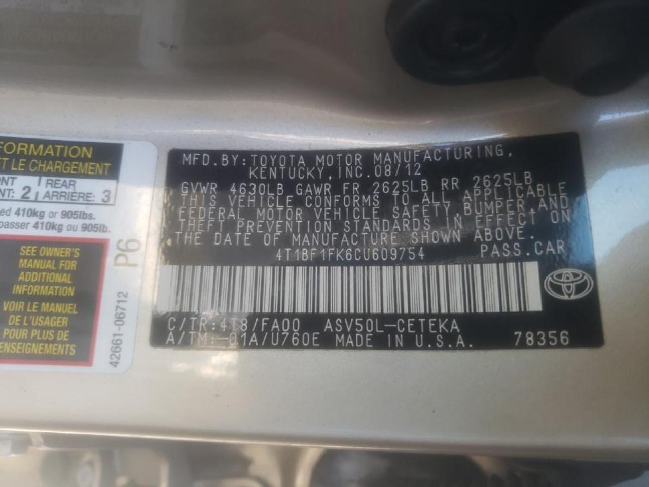 Photo 10 from auction – 2012 TOYOTA CAMRY BASE with VIN 4T1BF1FK6CU609754