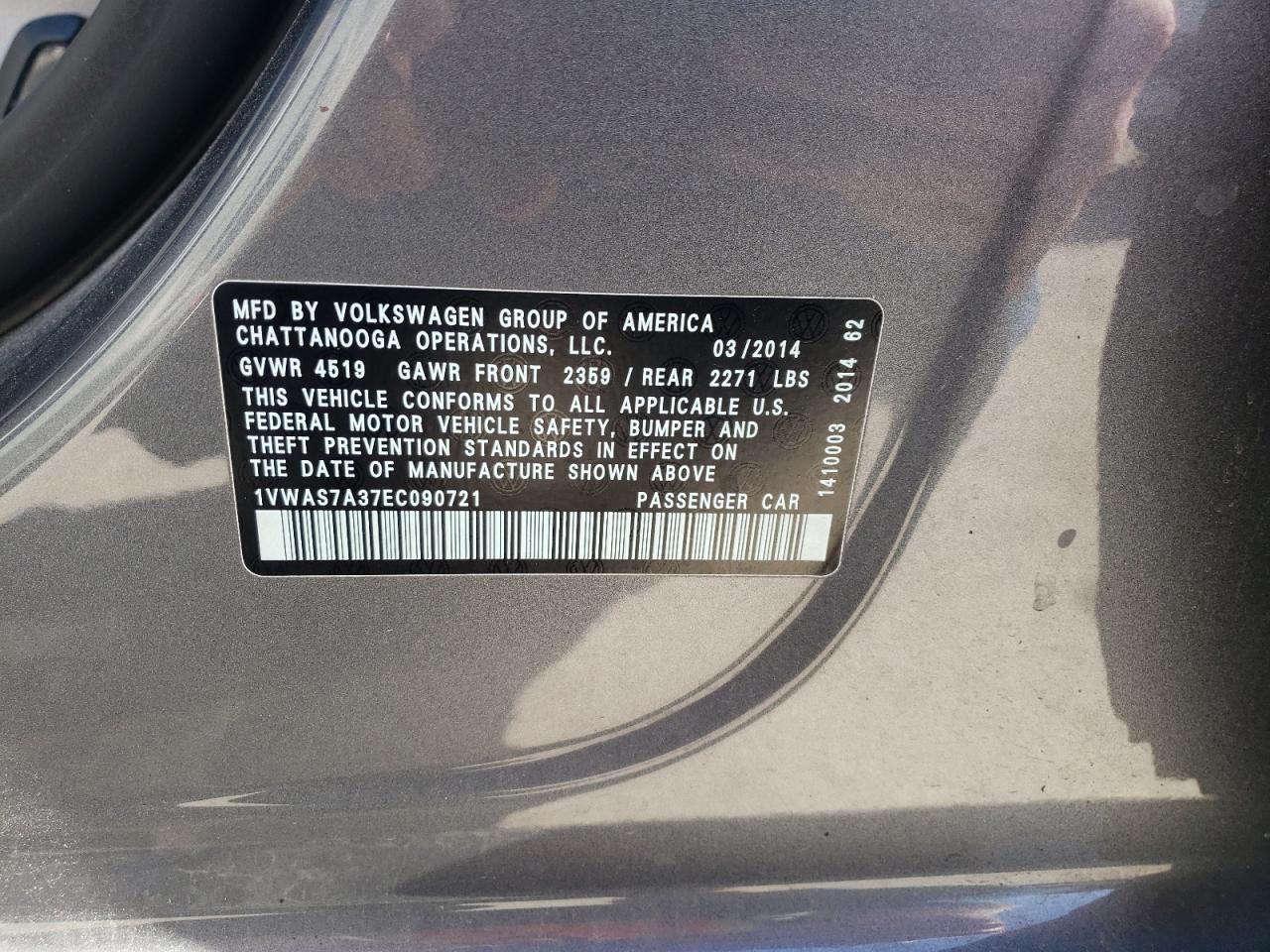 Photo 10 from auction – 2014 VOLKSWAGEN PASSAT S with VIN 1VWAS7A37EC090721