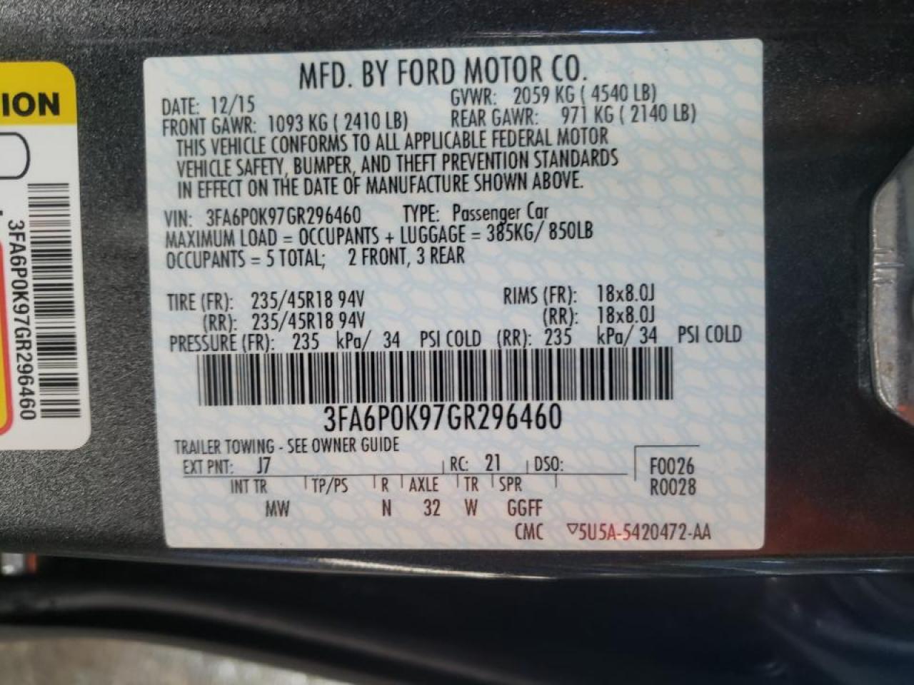 Photo 10 from auction – 2016 FORD FUSION TIT with VIN 3FA6P0K97GR296460