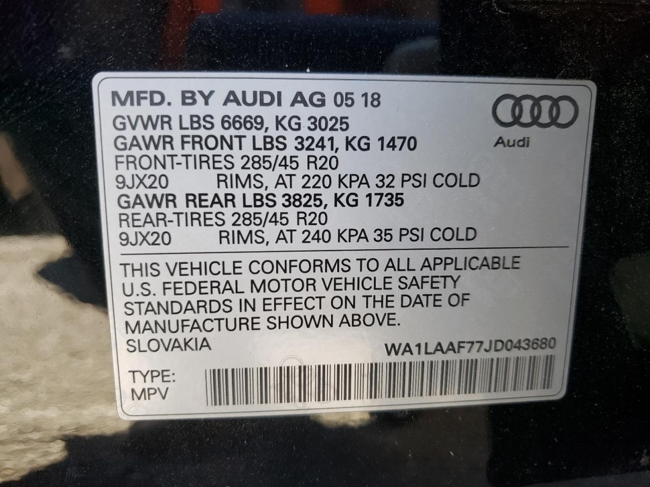Photo 10 from auction – 2018 AUDI Q7 PREMIUM with VIN WA1LAAF77JD043680
